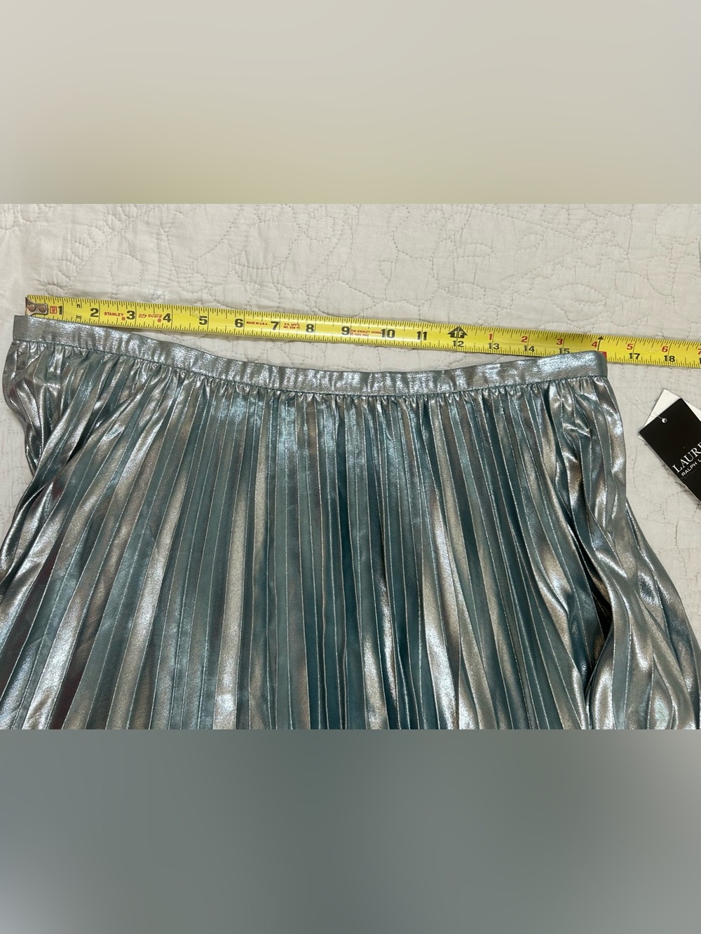 NWT Lauren by Ralph Lauren Metallic Pleated Midi Skirt Silver Blue Size 10 - Picture 3 of 9